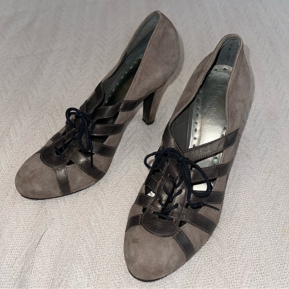 BCBGirls grey suede and dark grey leather lace up shootie